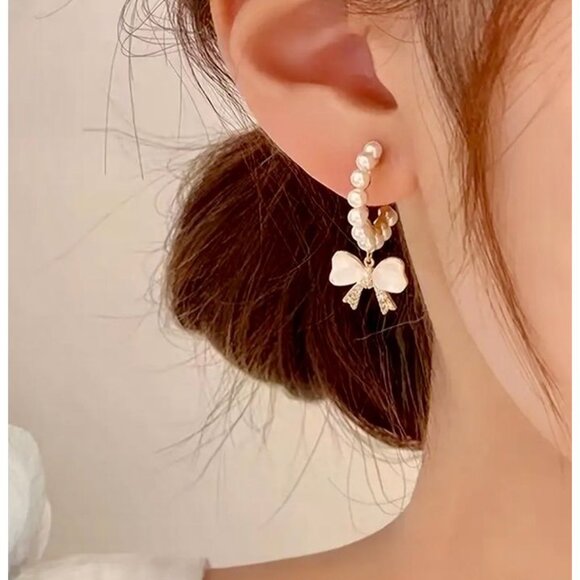 Pearl Bow Drop Hoop Earrings - Picture 2 of 4